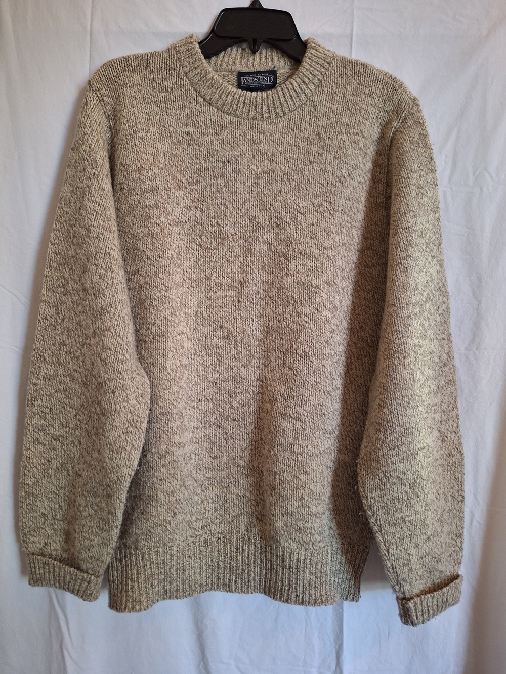 Vintage Lands End Mens Sweater Oatmeal Heather Wool Blend Crewneck USA Sz M